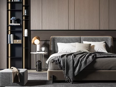 Modern Bedroom Interior With Double Bed Headboard Pillows Blanket Nightstand Lamp And Wooden Wall Paneling 3d model
