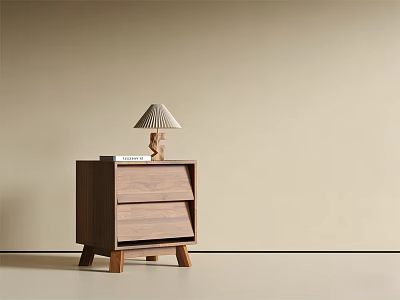 Modern Wooden Bedside Table With Two Louvered Drawers Table Lamp And Book 3d model