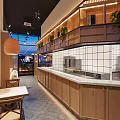 Modern Hotpot Restaurant Interior With Wooden Partitions Open Layout And Pendant Lights