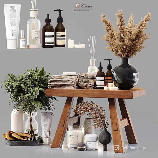 Daily Cleaning Essentials Bottles Display On Wooden Table With Towels Green Plants And Dried Flowers 3d model 