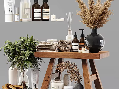 Daily Cleaning Essentials Bottles Display On Wooden Table With Towels Green Plants And Dried Flowers 3d model