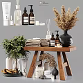 Daily Cleaning Essentials Bottles Display On Wooden Table With Towels Green Plants And Dried Flowers