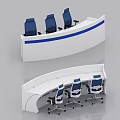 Curved White Office Desk With Blue Stripe And Ergonomic Office Chairs Setup