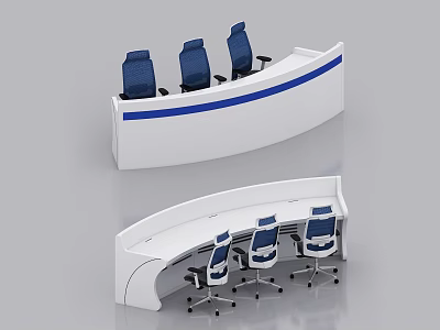 Curved White Office Desk With Blue Stripe And Ergonomic Office Chairs Setup 3d model