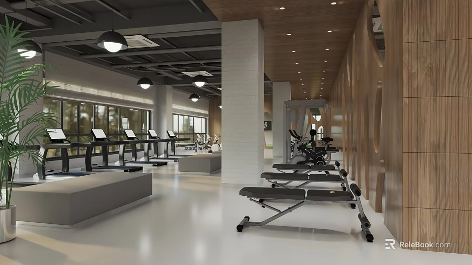 Spacious Gym Interior With Fitness Equipment And Treadmills 3d model 