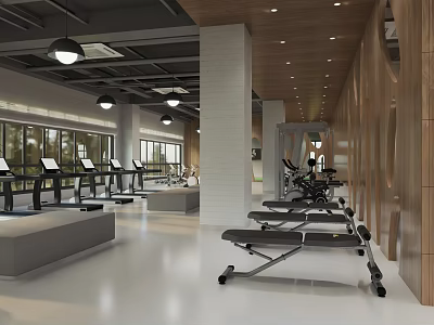 Spacious Gym Interior With Fitness Equipment And Treadmills 3d model