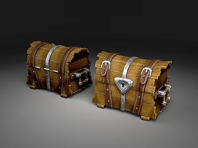 Two Vintage Wooden Chests With Metal Straps Locks And Decorative Clasps 3d model