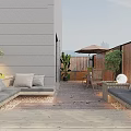 Modern Terrace Garden Landscape With Wooden Deck Gray Sofas Umbrella Table Chairs And Green Plants