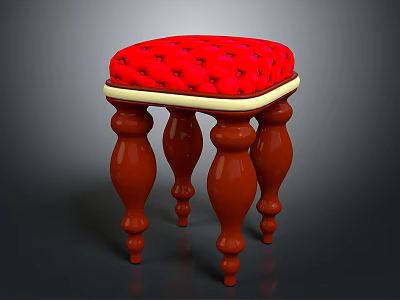 Comfortable Wooden Stool With Red Padded Cushion And Sturdy Carved Legs 3d model