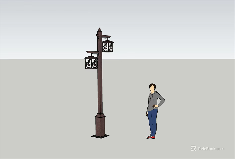 Classic Outdoor Lamp Post With Two Lanterns For Street Lighting And Human Figure 3d model 