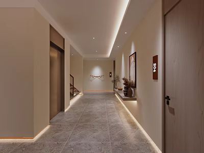 Modern Hotel Corridor With Warm Lighting And Wall Decor 3d model