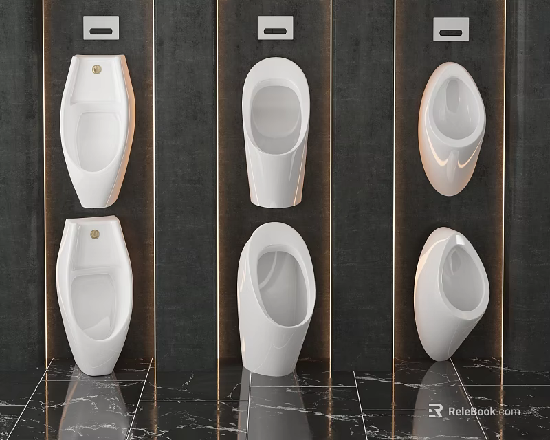 Multiple White Ceramic Urinals Wall Mounted Modern Design Dark Restroom Background 3d model