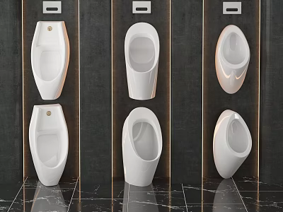 Multiple White Ceramic Urinals Wall Mounted Modern Design Dark Restroom Background 3d model