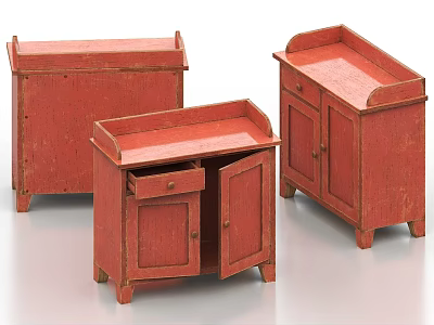 Three Rustic Red Vintage Wooden Cabinets Featuring Drawers And Open Doors 3d model