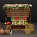 Fresh Fruit Stall With Bamboo Thatched Roof Various Fruits And Wicker Baskets