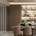 Elegant Modern Restaurant Interior With Dining Table Beige Chairs Wall Artwork And Wine Rack 3d model