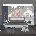 Kids Room Interior Design With Cloud Wallpaper Hot Air Balloons Bed Pillows And Elephant Toy