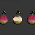 Fresh Juicy Pink Green Apples with Green Leaves and Bitten One on White Background