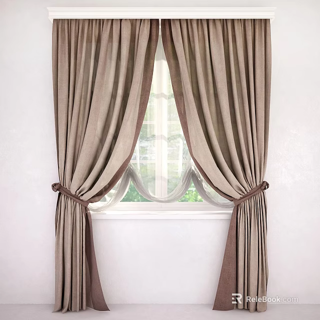 Elegant Beige Brown Curtain Panels With Tiebacks And Window Valance 3d model 