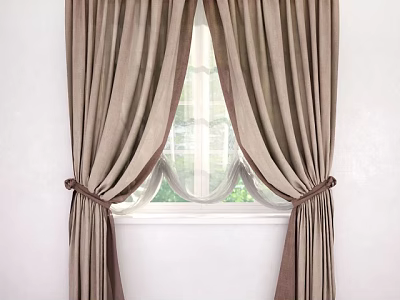 Elegant Beige Brown Curtain Panels With Tiebacks And Window Valance 3d model