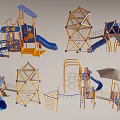 Playground Equipment With Slides Climbing Frames And Blue Yellow Net Structures 3d model