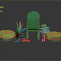 Green Chair With Round Cushions Potted Plant Clay Pot Colorful Blocks And Orange Cylinders Scene