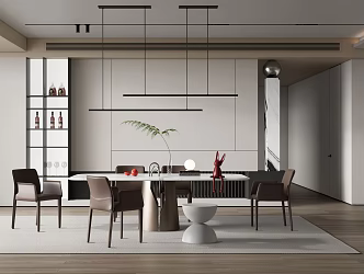 Modern Restaurant Dining Table and Chair Chandelier Wine Cabinet Green Plant Vase Ornaments 3d model