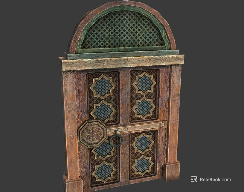 Antique Wooden Double Doors With Arched Green Lattice Top And Geometric Carvings 3d model 