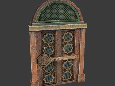 Antique Wooden Double Doors With Arched Green Lattice Top And Geometric Carvings 3d model