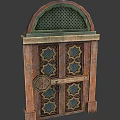 Antique Wooden Double Doors With Arched Green Lattice Top And Geometric Carvings
