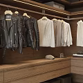 Stylish Hanging Clothes Including Leather Jackets Knitted Sweaters Shirts in Wooden Walk in Closet