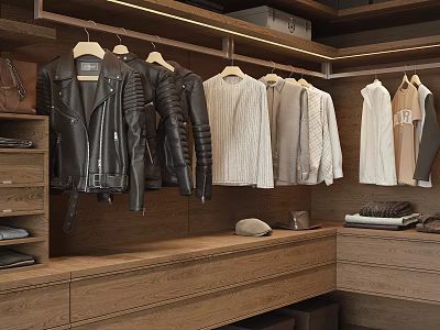 Stylish Hanging Clothes Including Leather Jackets Knitted Sweaters Shirts in Wooden Walk in Closet 3d model
