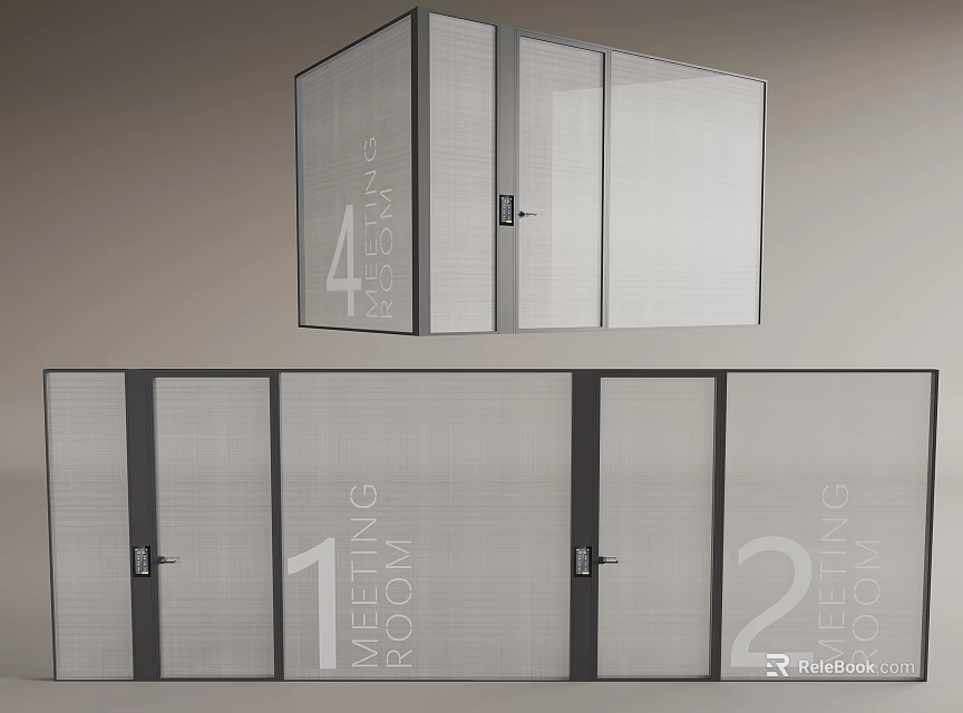 Modern Office Meeting Room Partitions with Glass Doors and Numbered Signs 3d model 
