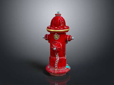 Red Fire Hydrant With Gold Accents Chain Detail And Sturdy Base 3d model