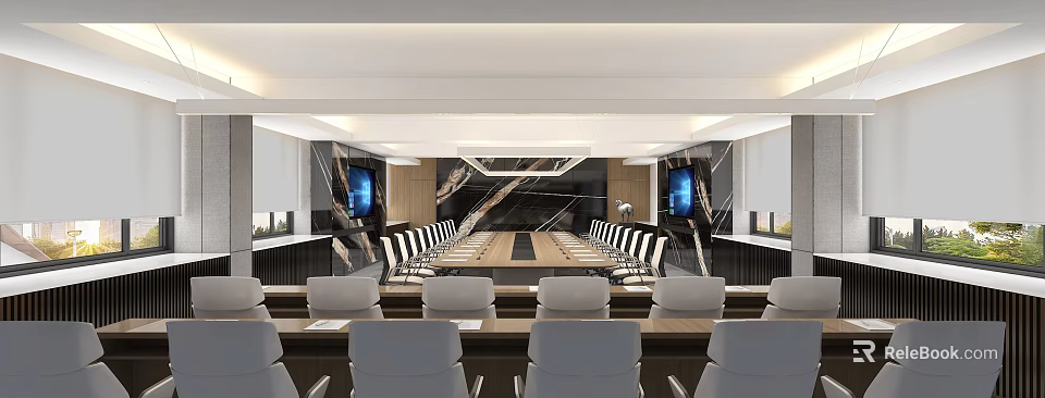Modern Conference Room Interior With Long Table Digital Screens And Comfortable Chairs 3d model 
