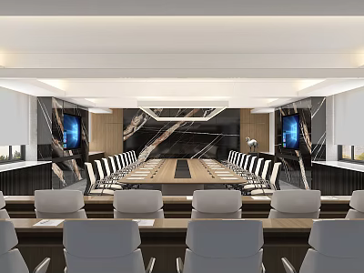 Modern Conference Room Interior With Long Table Digital Screens And Comfortable Chairs 3d model