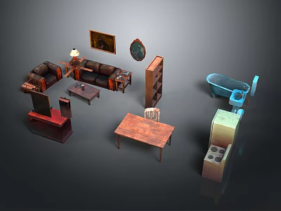 Various Home Furniture Collection Featuring Sofa Coffee Table Bookshelf Table Bathtub And Refrigerator 3d model
