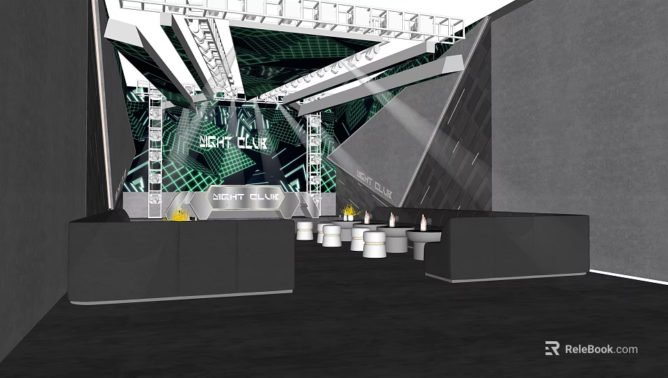 Jazz Cafe Club Interior Design With Stage Lighting And Modern Tables 3d model 