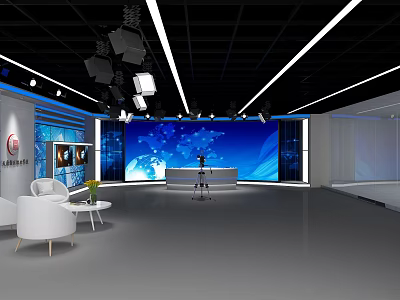 Modern Studio Interior Design With Advanced Lighting And Large World Map Screen 3d model