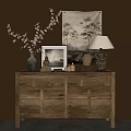 Natural Wooden Entryway Console Table With Vase Table Lamp Buddha Statue Photo Frame Decorations