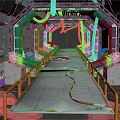 Cartoon Sci Fi Corridor Scene Featuring Orange Railings Blue Pipes Green Plants And Control Panels
