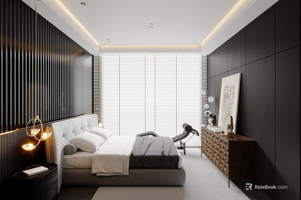 Modern Bedroom Interior Design With Vertical Black Striped Walls White Blinds And Gray Bedding 3d model 