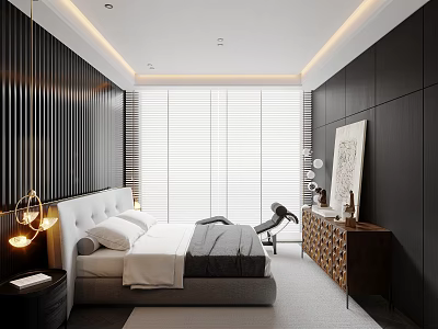 Modern Bedroom Interior Design With Vertical Black Striped Walls White Blinds And Gray Bedding 3d model