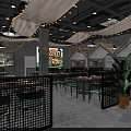 Modern Restaurant Interior With Unique Ceiling Pendant Lights Black Metal Partitions And Green Plants