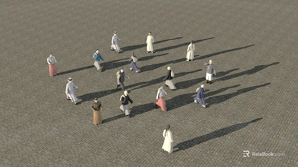 Many People Walking on Outdoor Paved Ground with Long Shadows and Traditional Clothing 3d model 