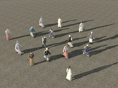 Many People Walking on Outdoor Paved Ground with Long Shadows and Traditional Clothing 3d model
