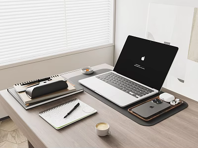 Efficient Laptop Desk Setup With Notebook Pen Coffee Phone And Wireless Mouse 3d model