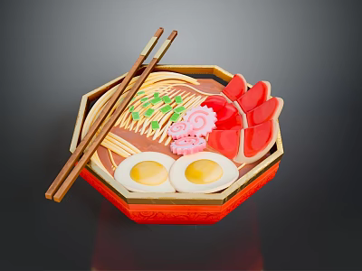 Ramen In Octagonal Red Bowl With Soft Boiled Eggs Red Toppings Green Garnish And Chopsticks 3d model
