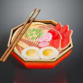 Ramen In Octagonal Red Bowl With Soft Boiled Eggs Red Toppings Green Garnish And Chopsticks