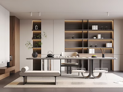 Modern Tea Room Interior Design With Bookshelves Tea Sets Table And Plants 3d model